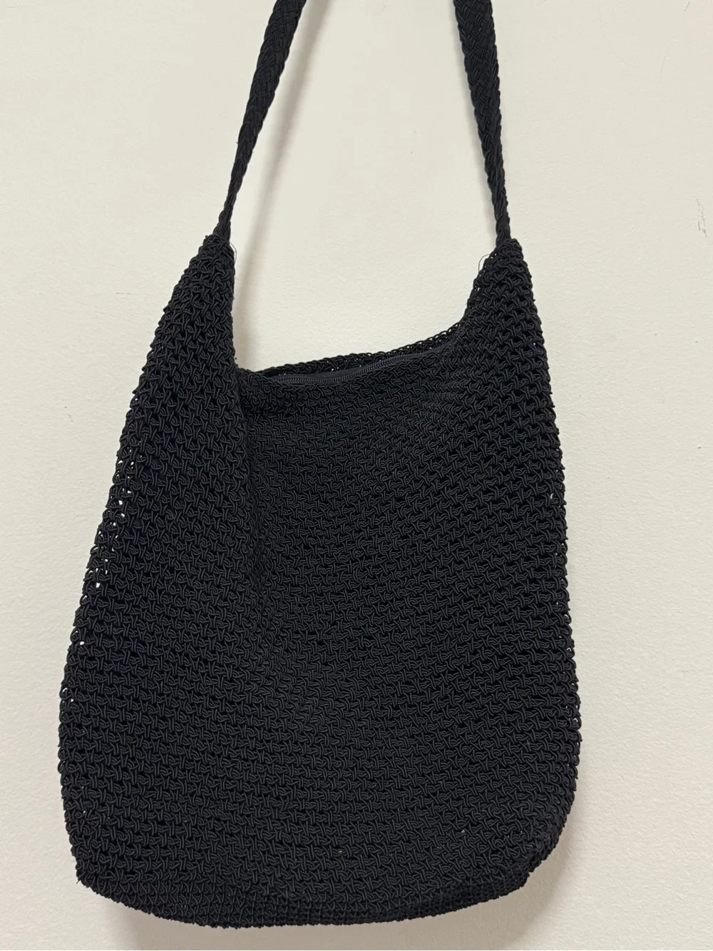 Black Crochet Knit Shoulder Bag Boho Beach Hobo Slouchy Tote Zip Closure 10x12x4